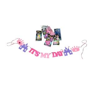 ALL NWT party decorations pack. Banner, balloons, glow necklaces, crown, pin